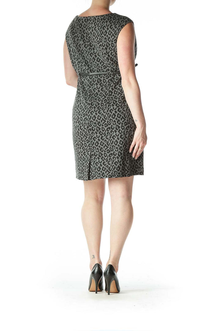 Gray Black Leopard Print Textured Belted Work Dress