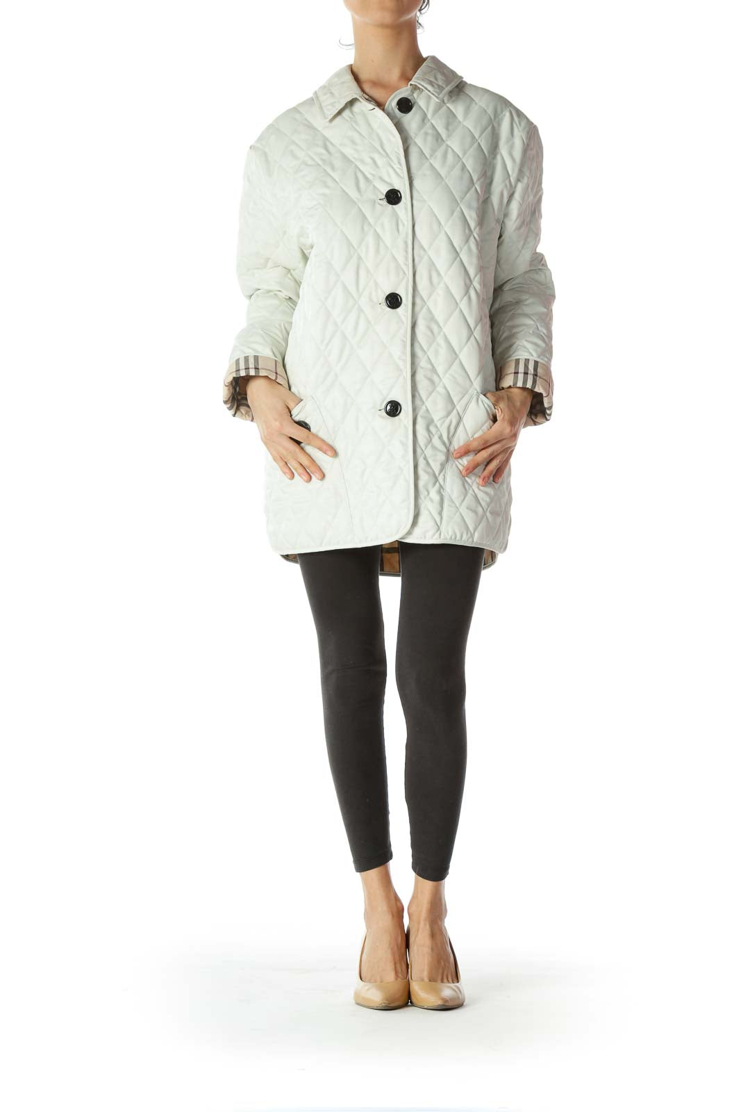 White Quilted Designer Buttoned Coat