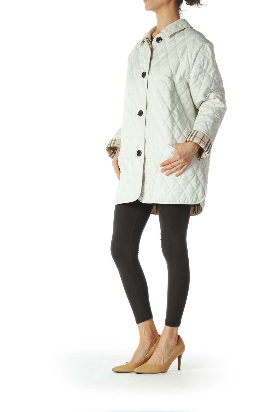 White Quilted Designer Buttoned Coat