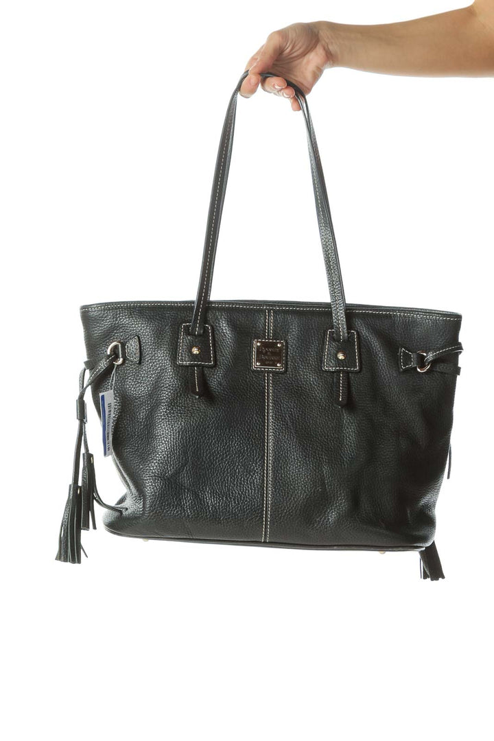 Black Gold Hardware Stitched Tote with Tassels