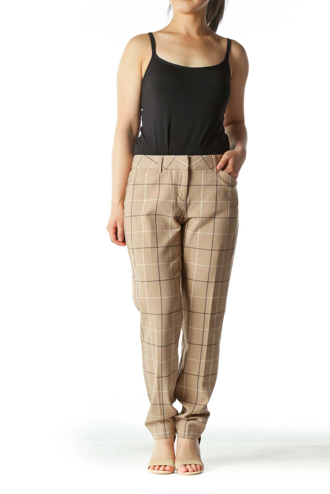 Beige Windowpane Straight Leg Pants