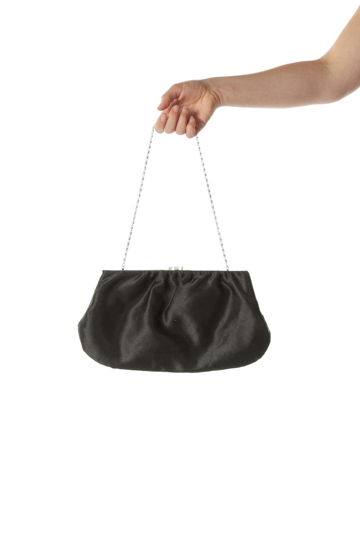 Black Faux-Satin Chain-Strap Snap-Closure Shoulder Bag