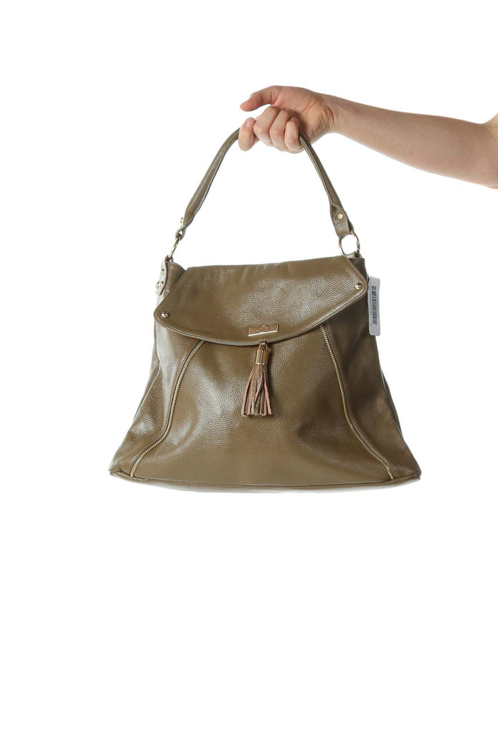 Olive Designer Tassel Shoulder Bag with Zipper and Hardware Embellishments