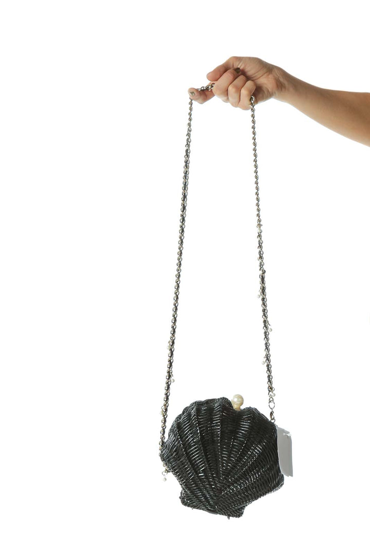 Black Designer Basket-Weave Pearl-Detail Seashell Cross-Body Bag