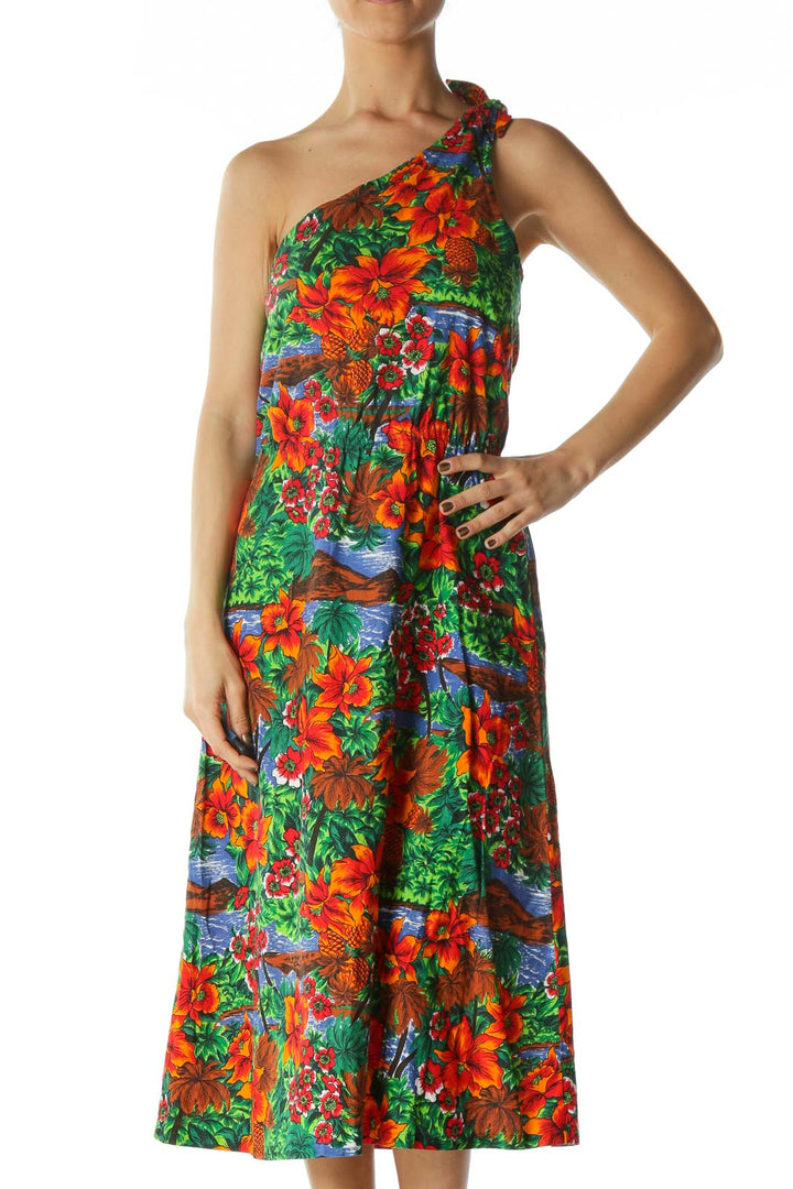 Multicolored Tropical-Print One-Shoulder Knot Day Dress