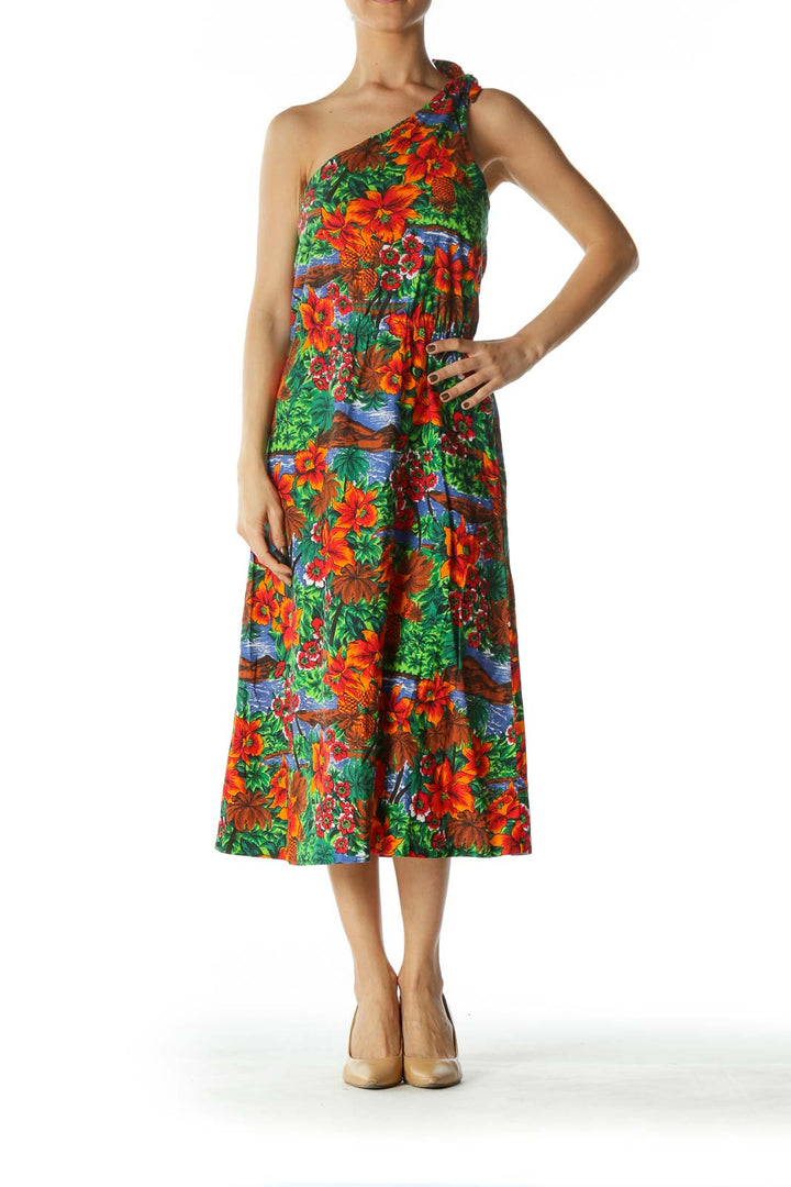 Multicolored Tropical-Print One-Shoulder Knot Day Dress