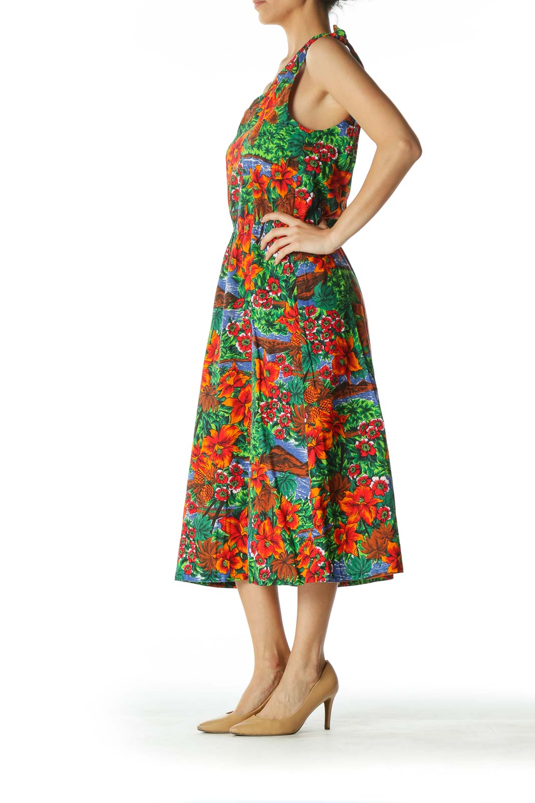 Multicolored Tropical-Print One-Shoulder Knot Day Dress