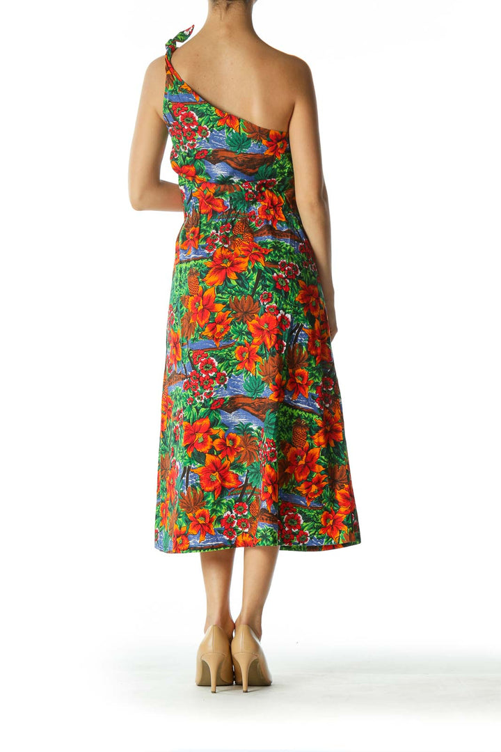 Multicolored Tropical-Print One-Shoulder Knot Day Dress