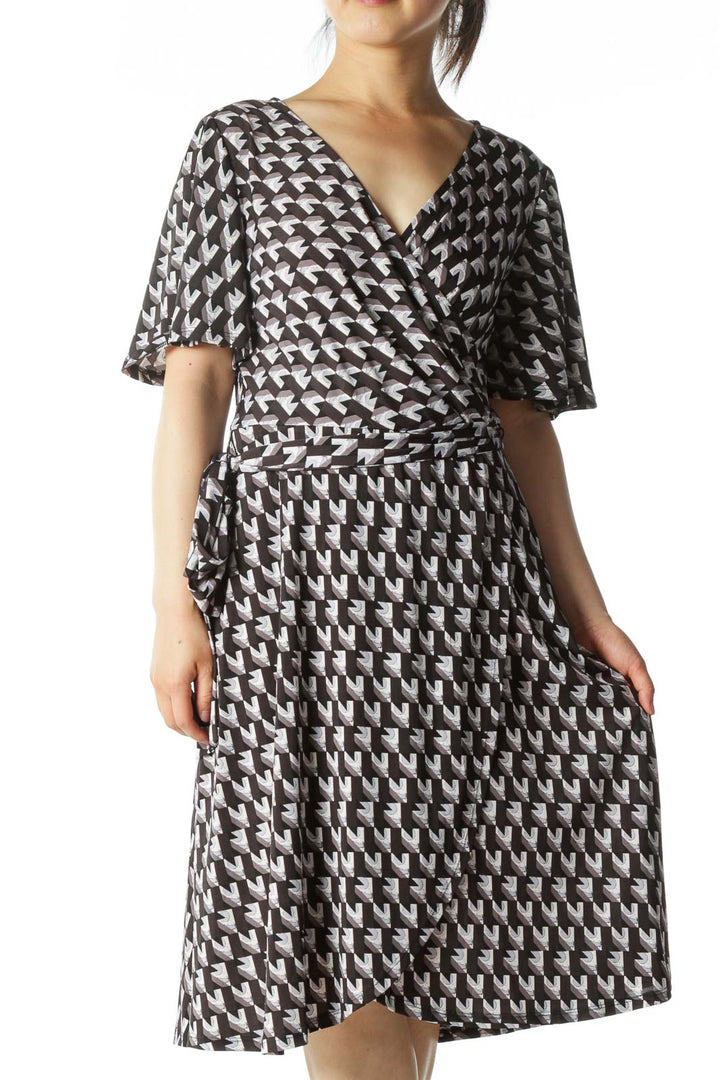 Gray/Blue/Black Geometric-Print Wrap Day Dress