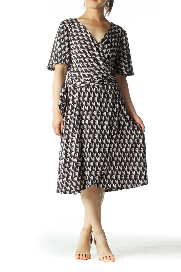 Gray/Blue/Black Geometric-Print Wrap Day Dress