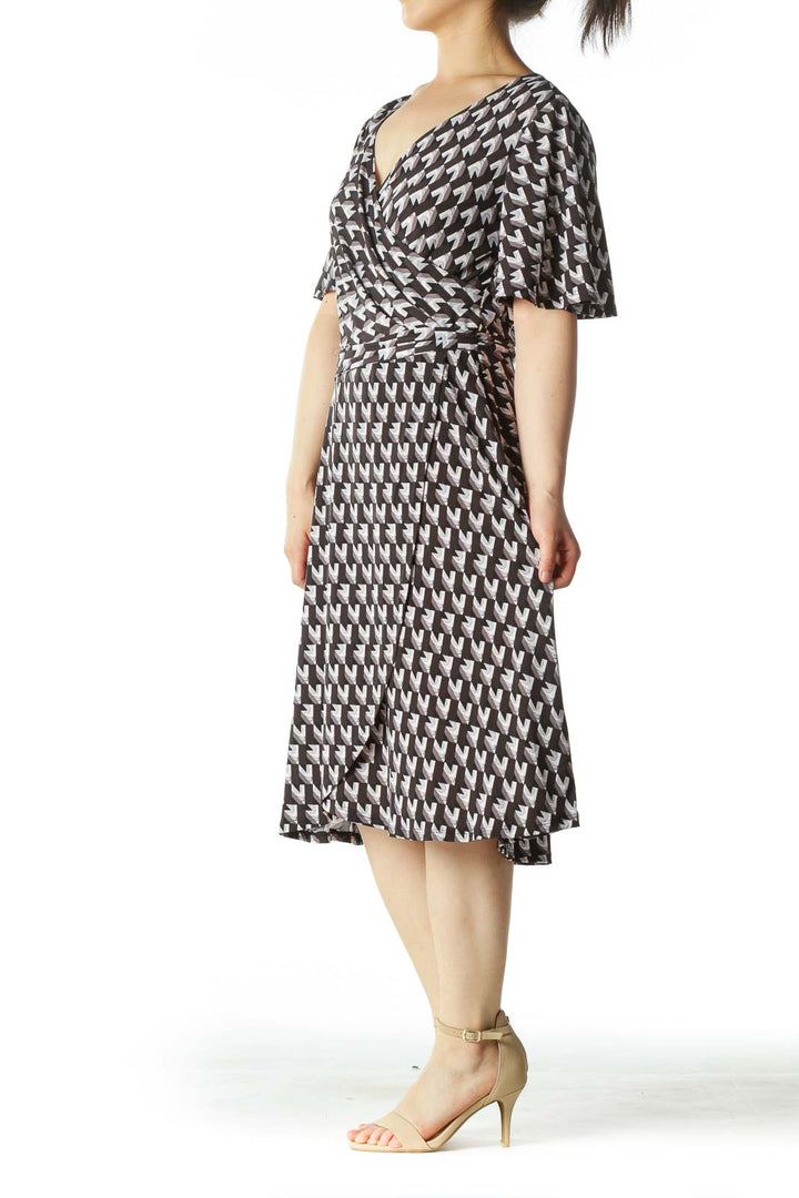 Gray/Blue/Black Geometric-Print Wrap Day Dress