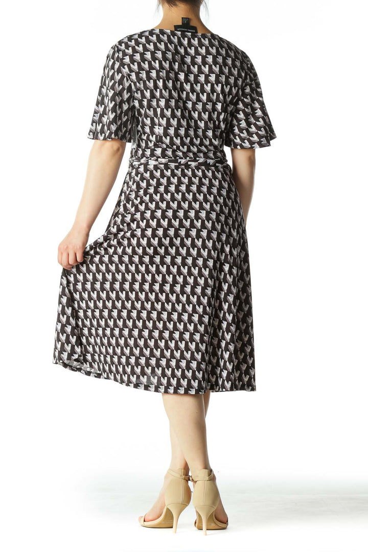 Gray/Blue/Black Geometric-Print Wrap Day Dress