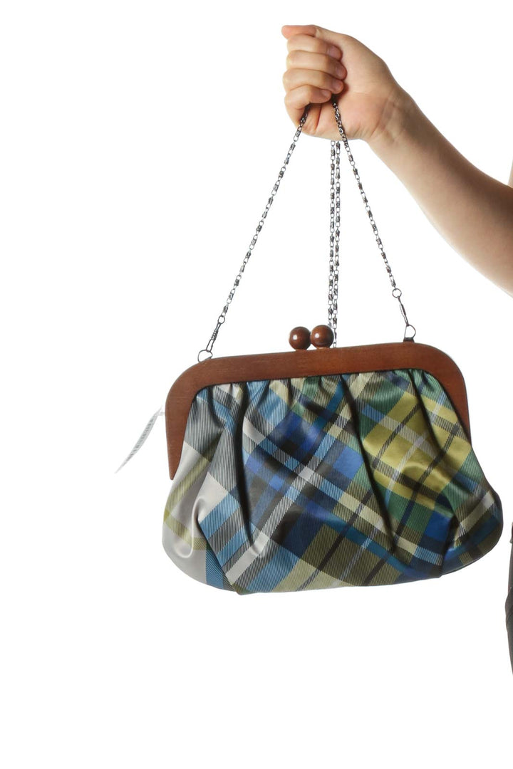 Green and Brown Plaid Wooden Closure Chain Cross-body Bag