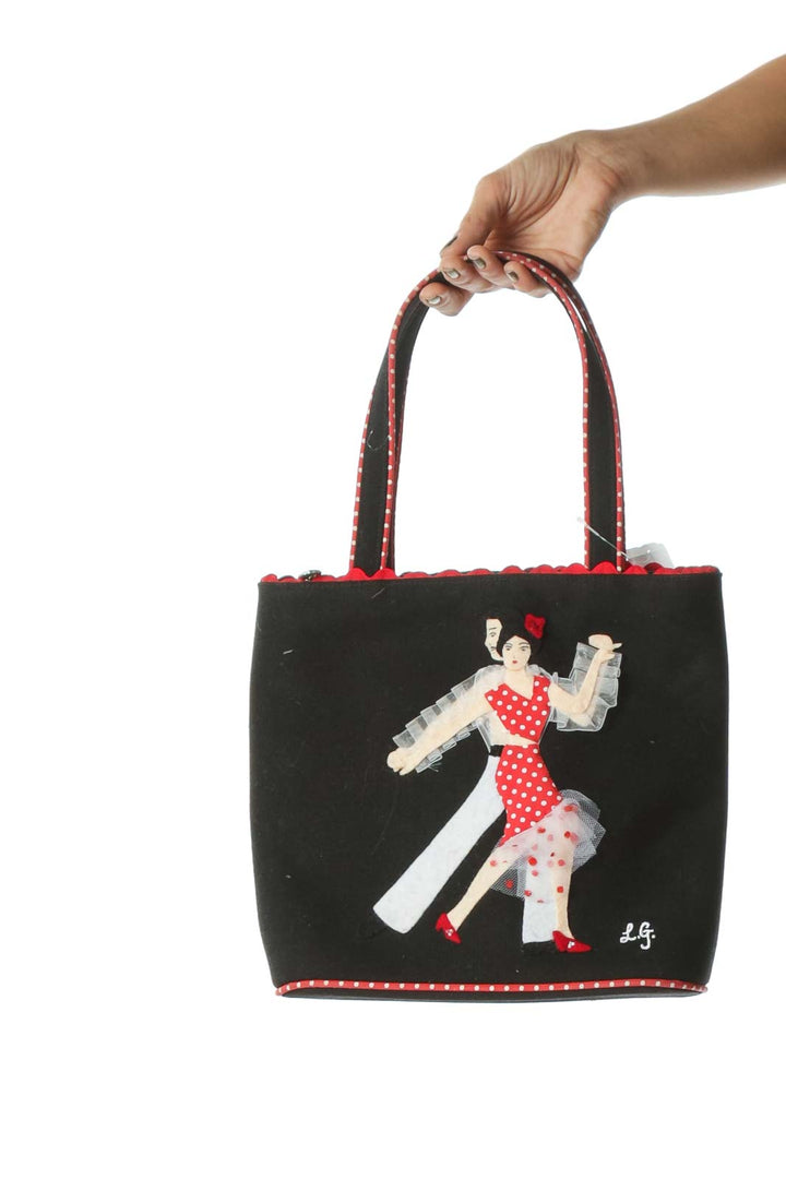 Black and Red Designer Dancing Applique Polka-Dot Trim Shoulder Tote