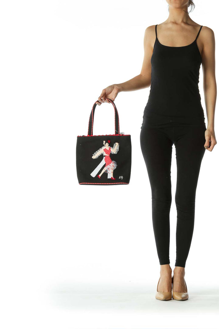 Black and Red Designer Dancing Applique Polka-Dot Trim Shoulder Tote