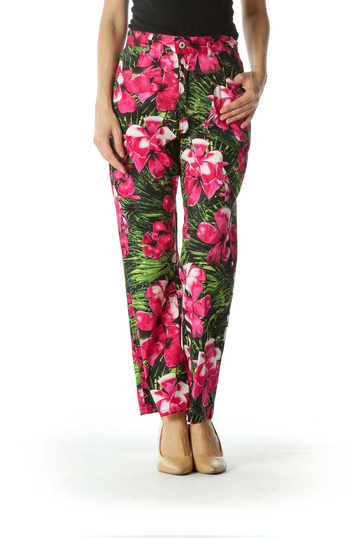 Pink and Green Floral Print Ankle Cut Pant