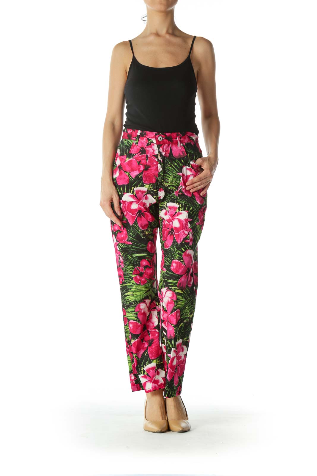 Pink and Green Floral Print Ankle Cut Pant