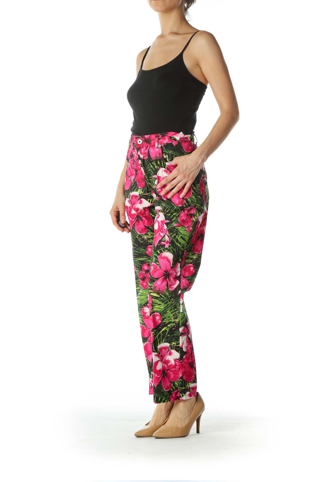 Pink and Green Floral Print Ankle Cut Pant