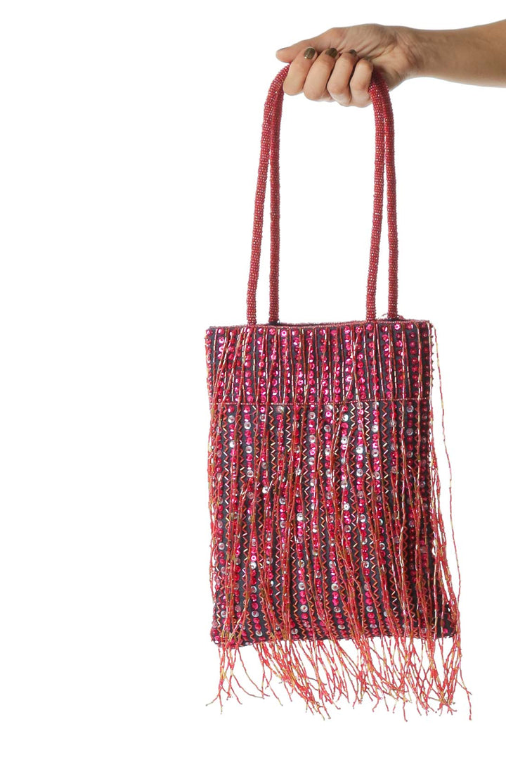 Pink and Orange Beaded Sequined Fringe Bucket Bag