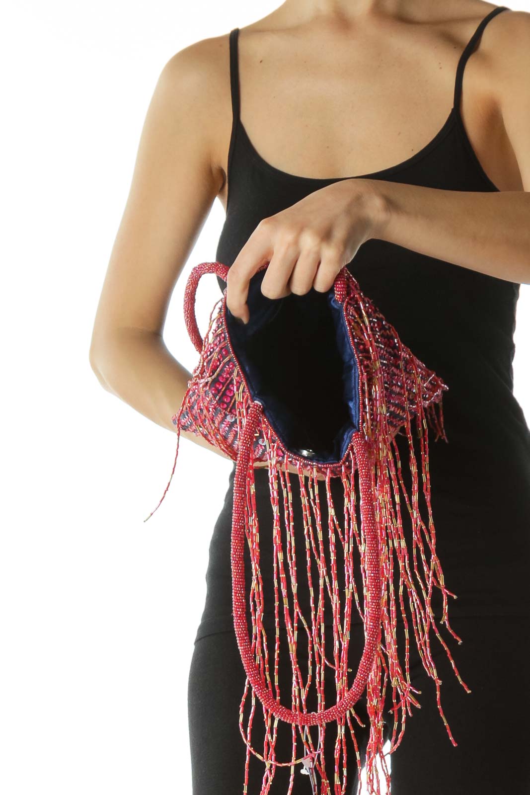 Pink and Orange Beaded Sequined Fringe Bucket Bag