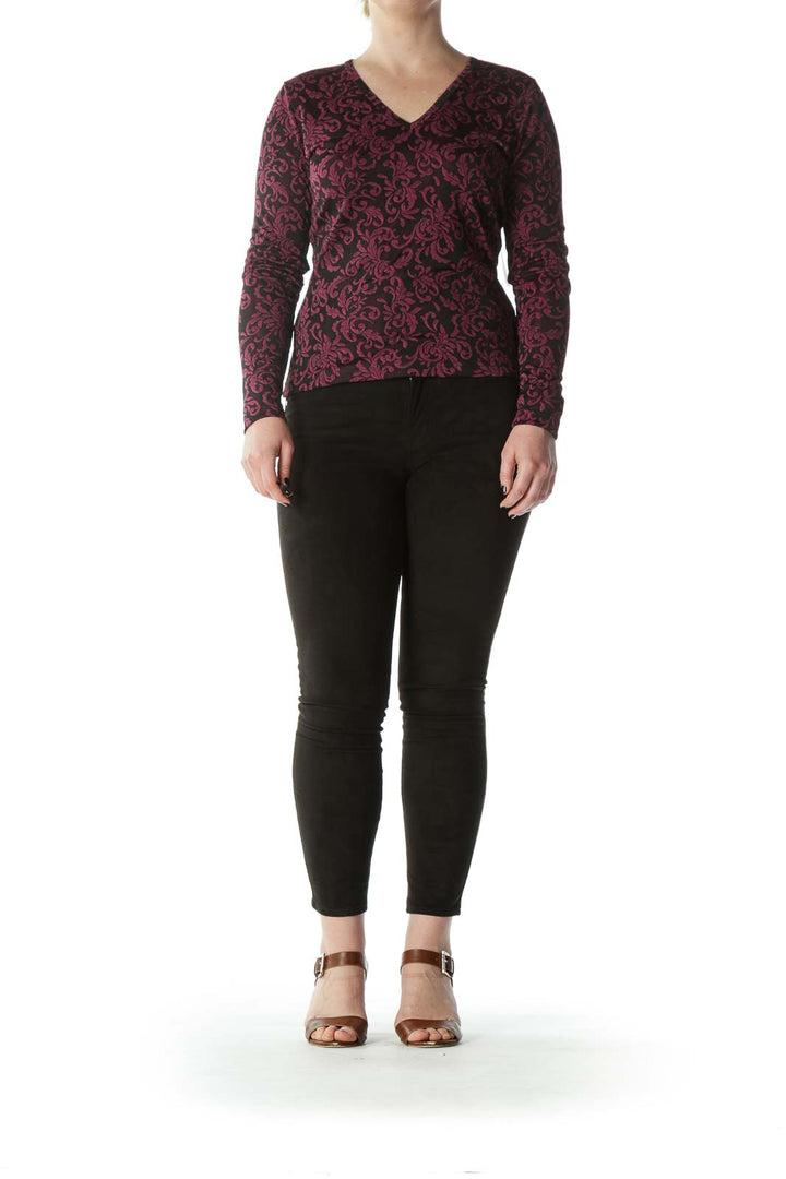 Black Purple Textured-Print V-Neck Top