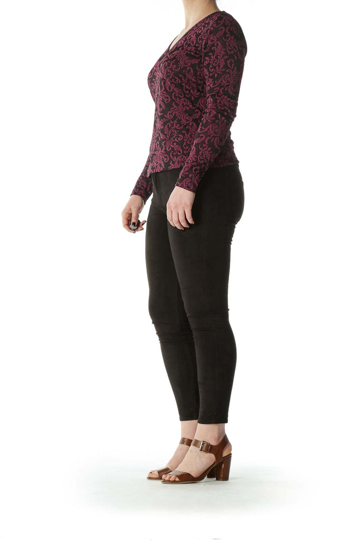 Black Purple Textured-Print V-Neck Top