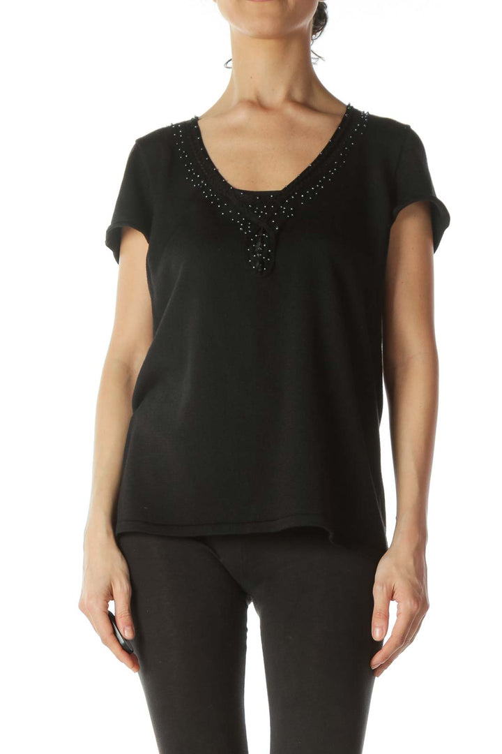 Black Neckline-Embellishment Stretch Textured Top