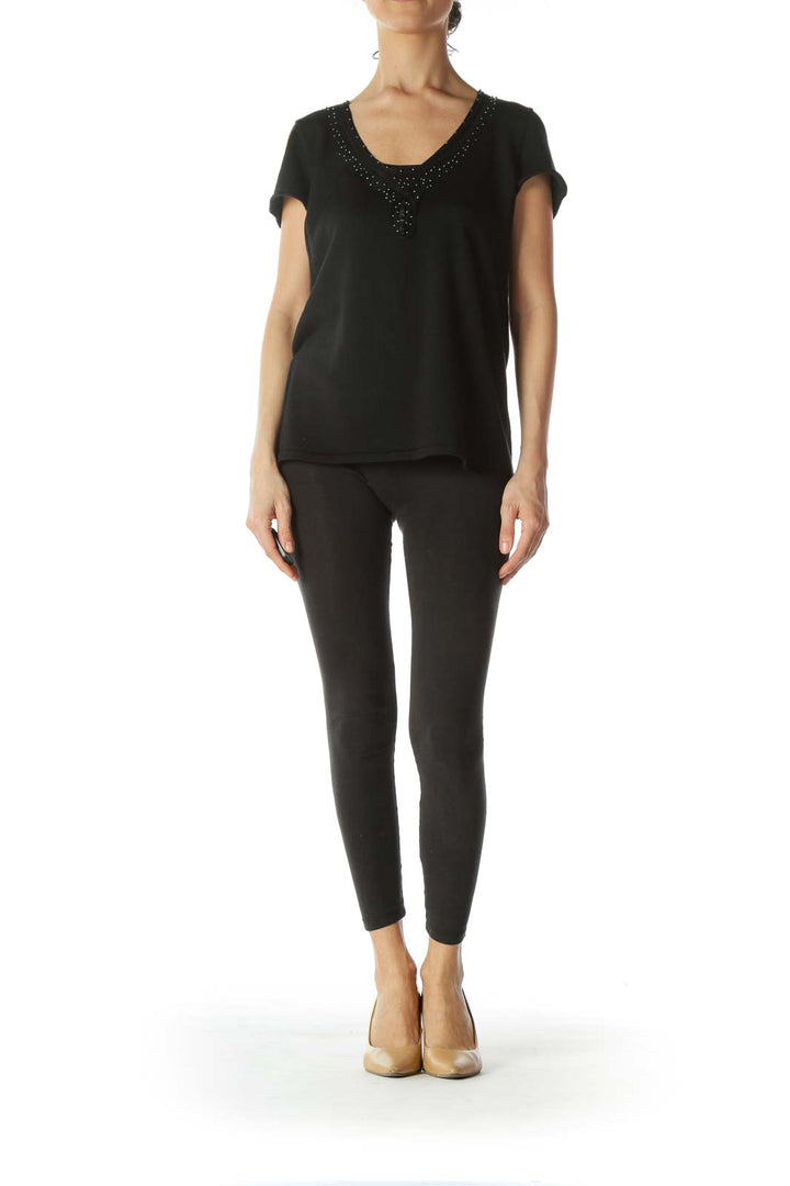 Black Neckline-Embellishment Stretch Textured Top