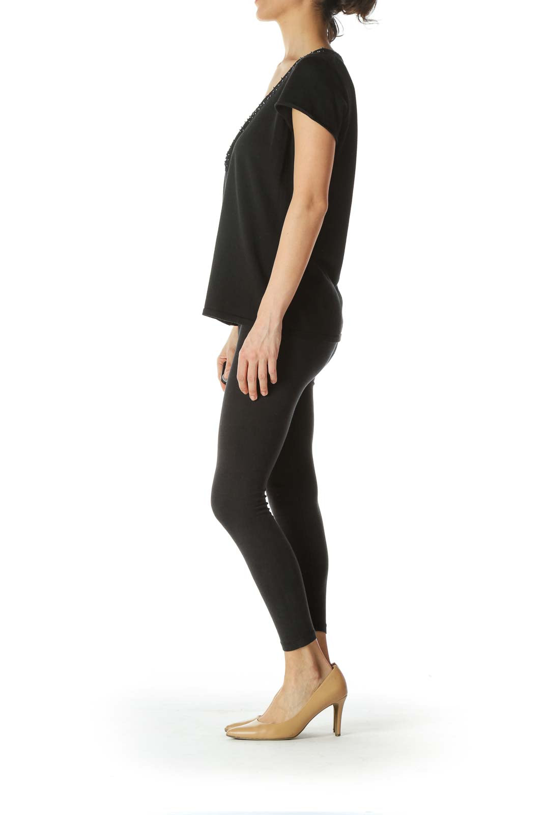 Black Neckline-Embellishment Stretch Textured Top