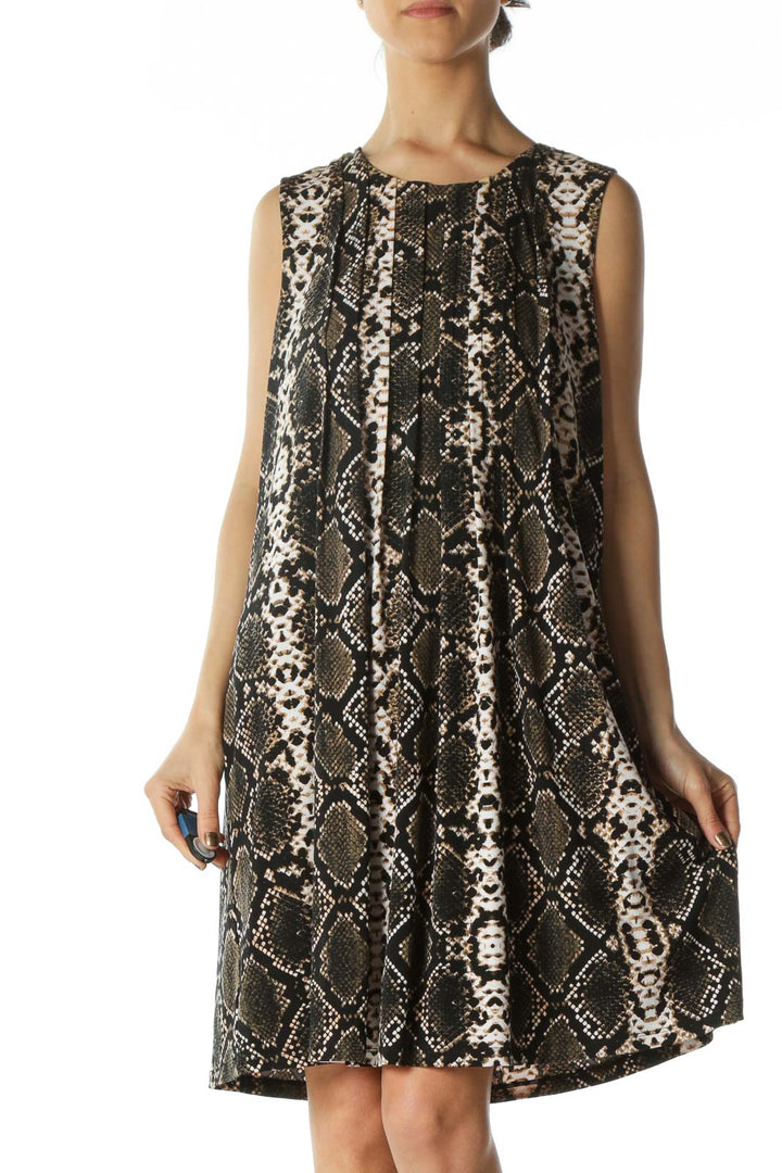 Beige Black Green Snake-Print Pleated-Front Dress