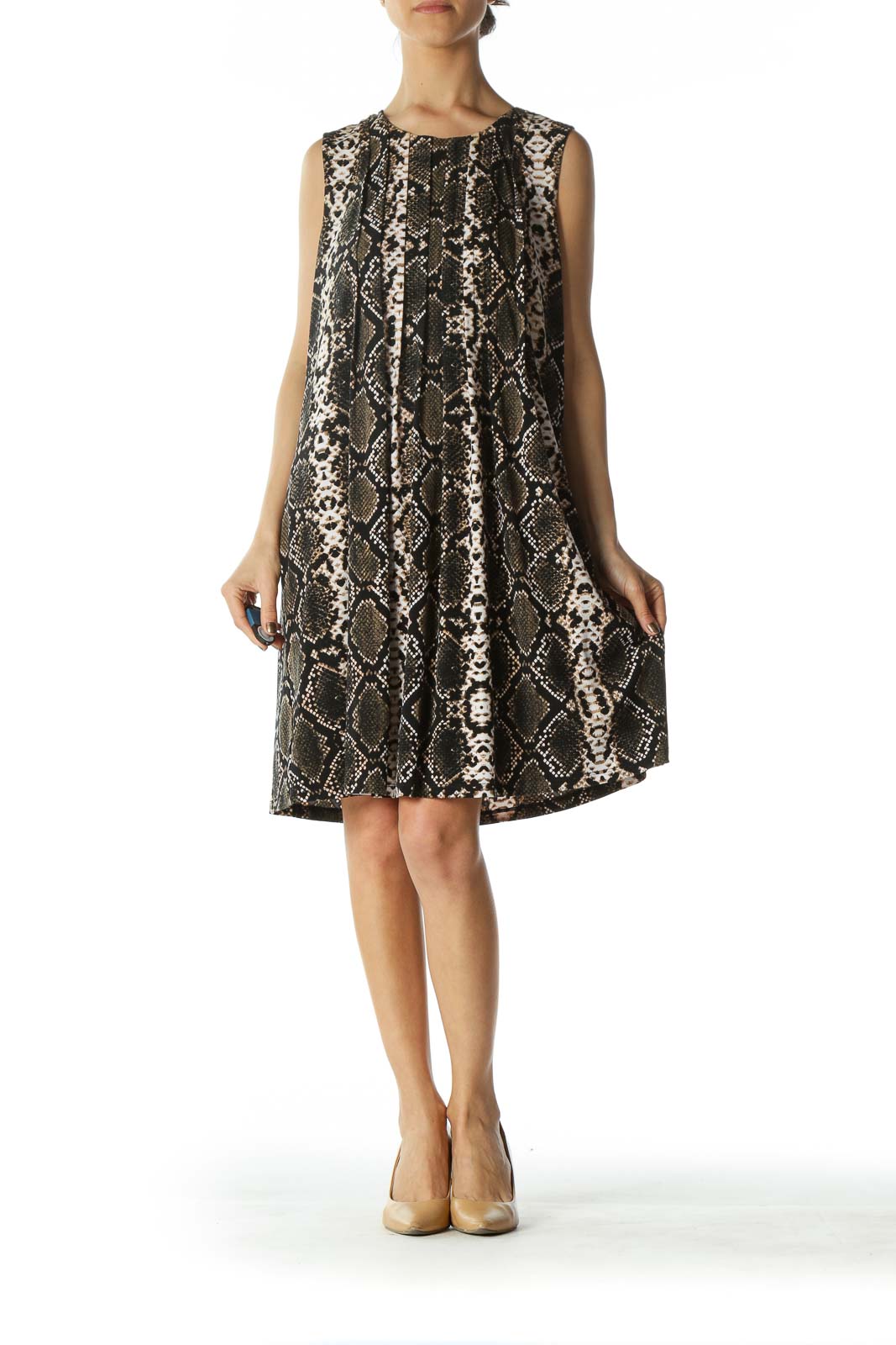 Beige Black Green Snake-Print Pleated-Front Dress