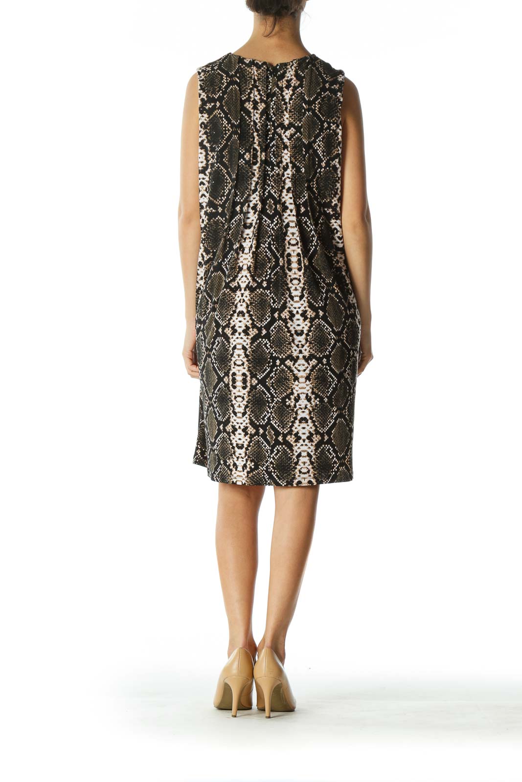 Beige Black Green Snake-Print Pleated-Front Dress