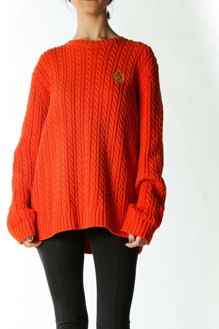 Orange Cable Knit Crest Crew-Neck Sweater