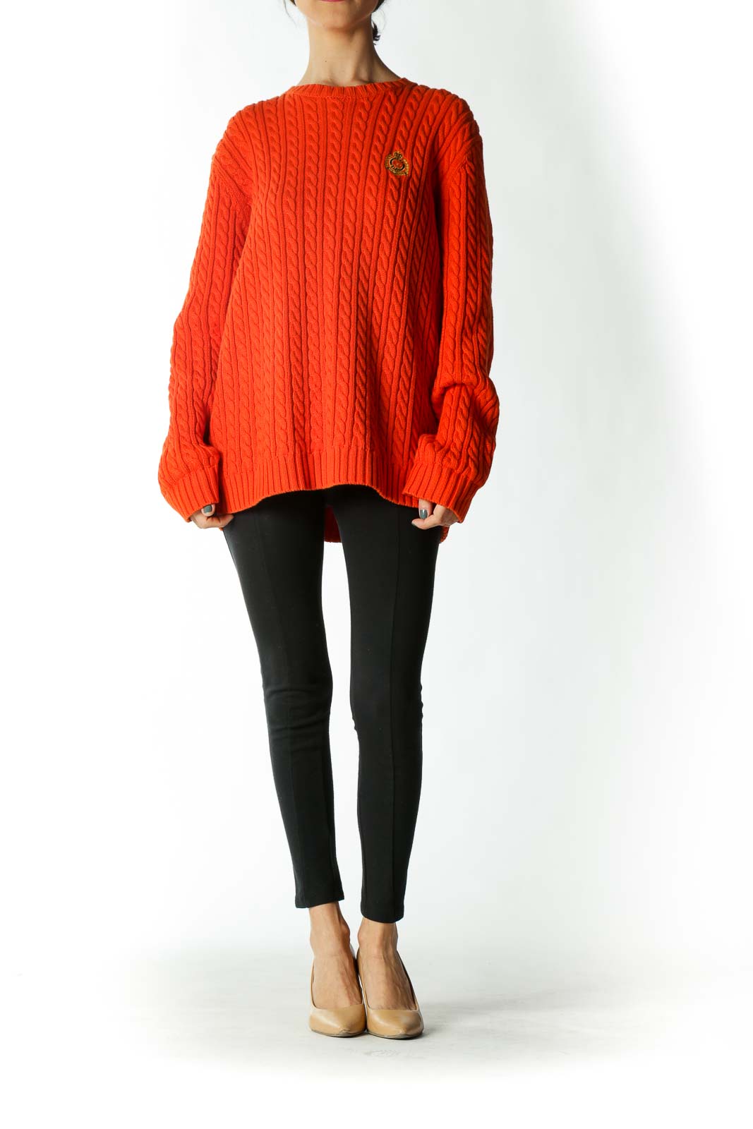 Orange Cable Knit Crest Crew-Neck Sweater