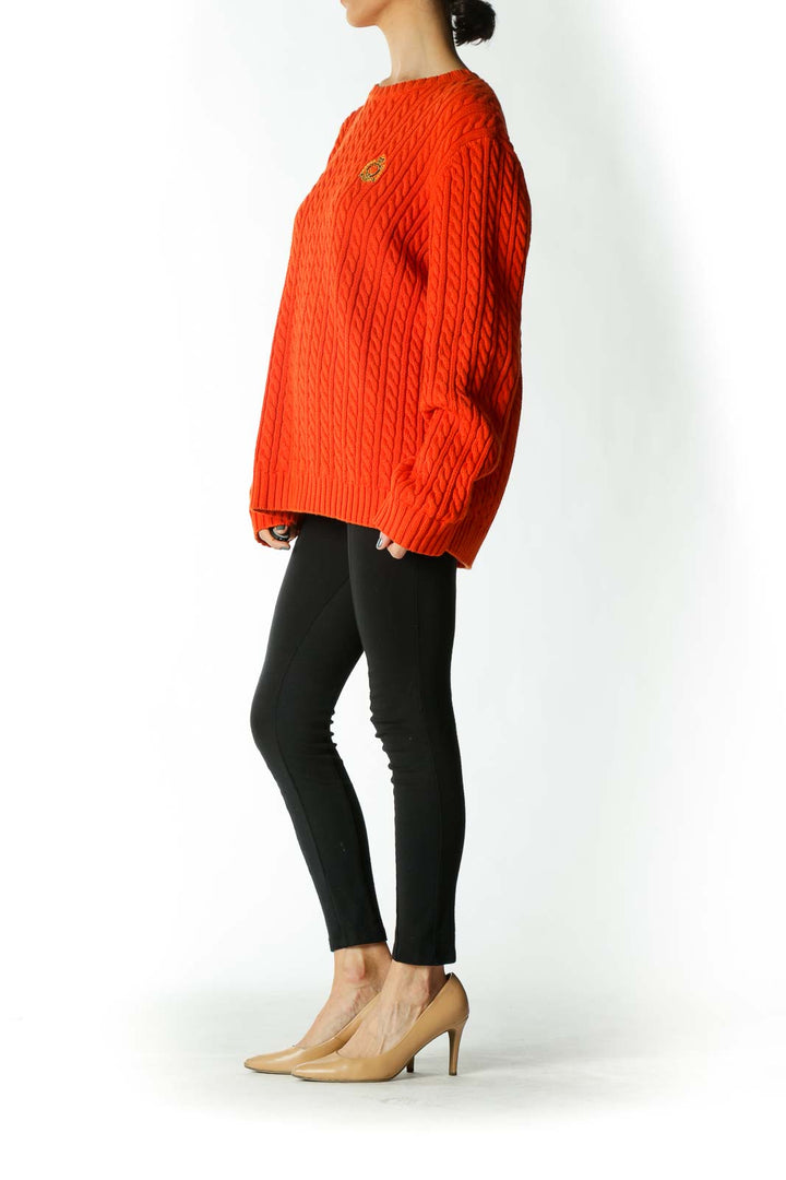 Orange Cable Knit Crest Crew-Neck Sweater