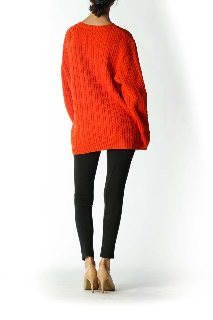 Orange Cable Knit Crest Crew-Neck Sweater