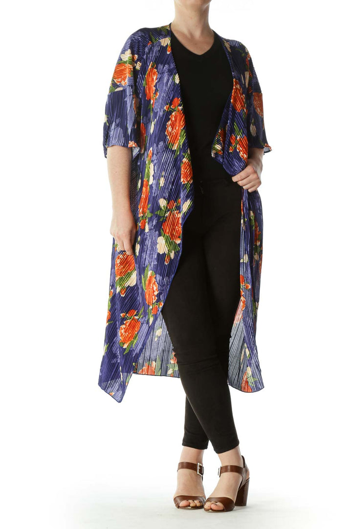 Blue Green Orange Pleated Floral-Print Cardigan