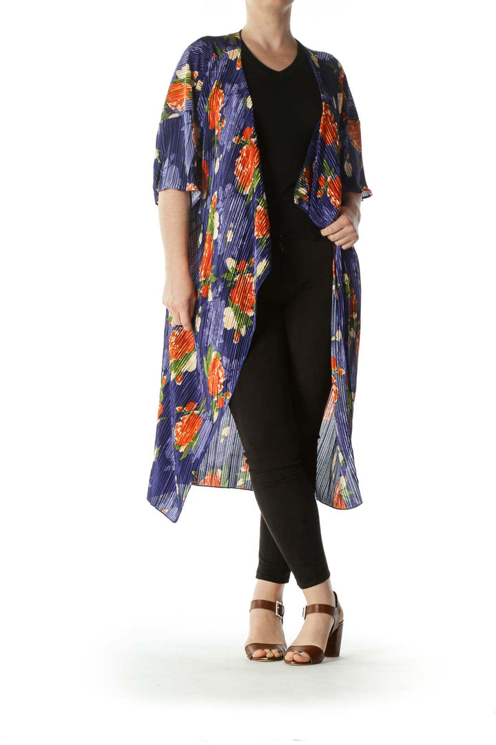 Blue Green Orange Pleated Floral-Print Cardigan