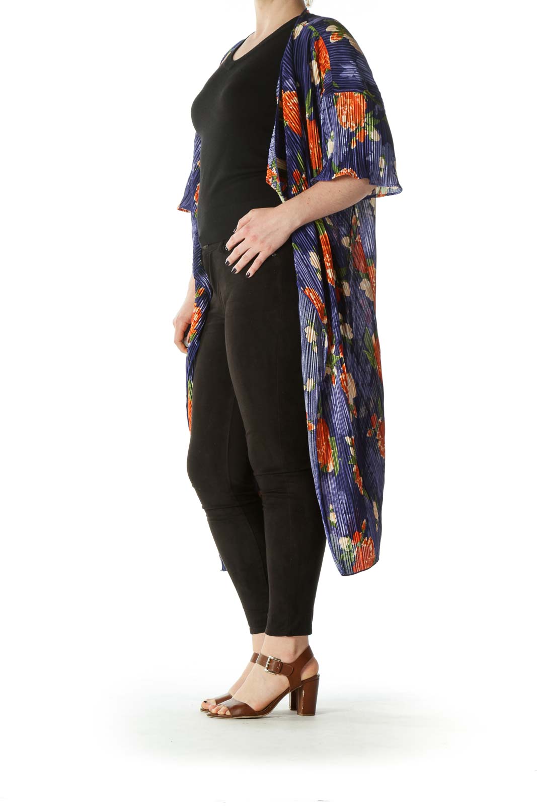 Blue Green Orange Pleated Floral-Print Cardigan