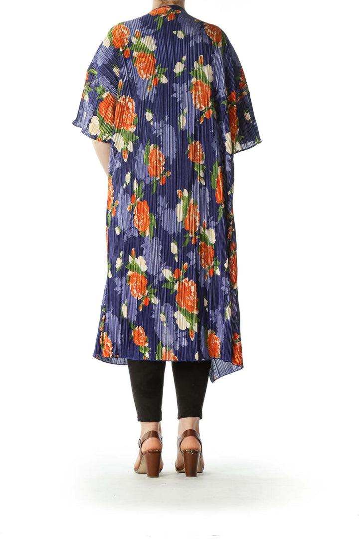 Blue Green Orange Pleated Floral-Print Cardigan