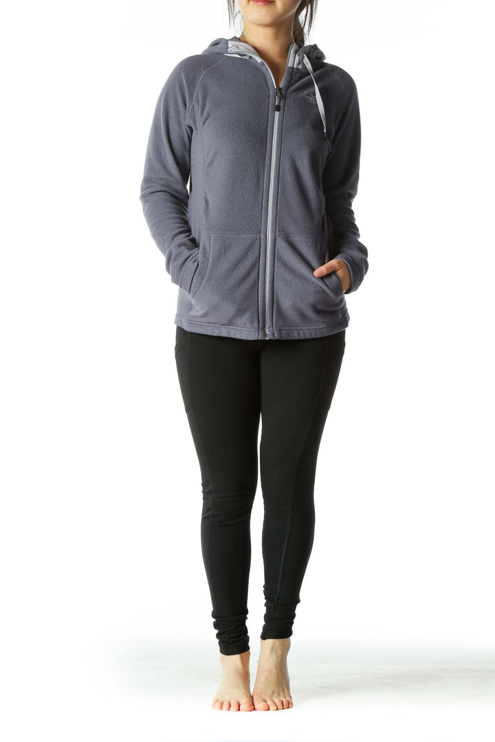 Gray Hooded Zippered Fleece Fitted Jacket