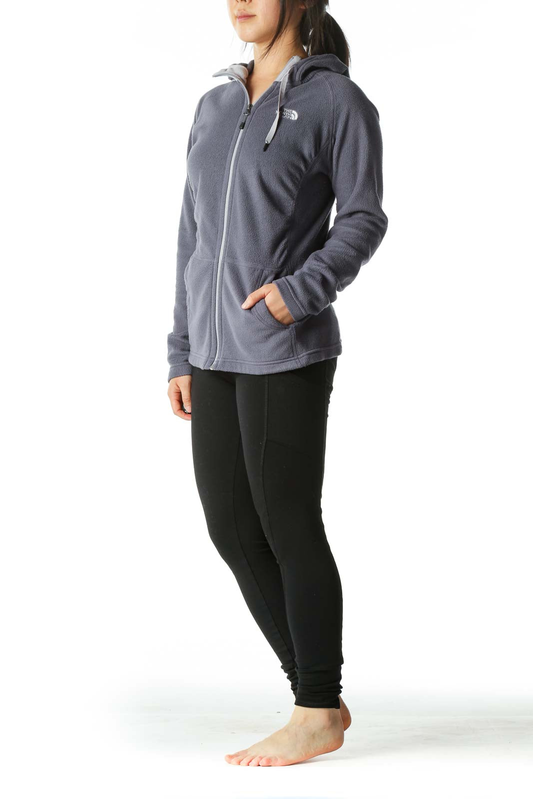 Gray Hooded Zippered Fleece Fitted Jacket