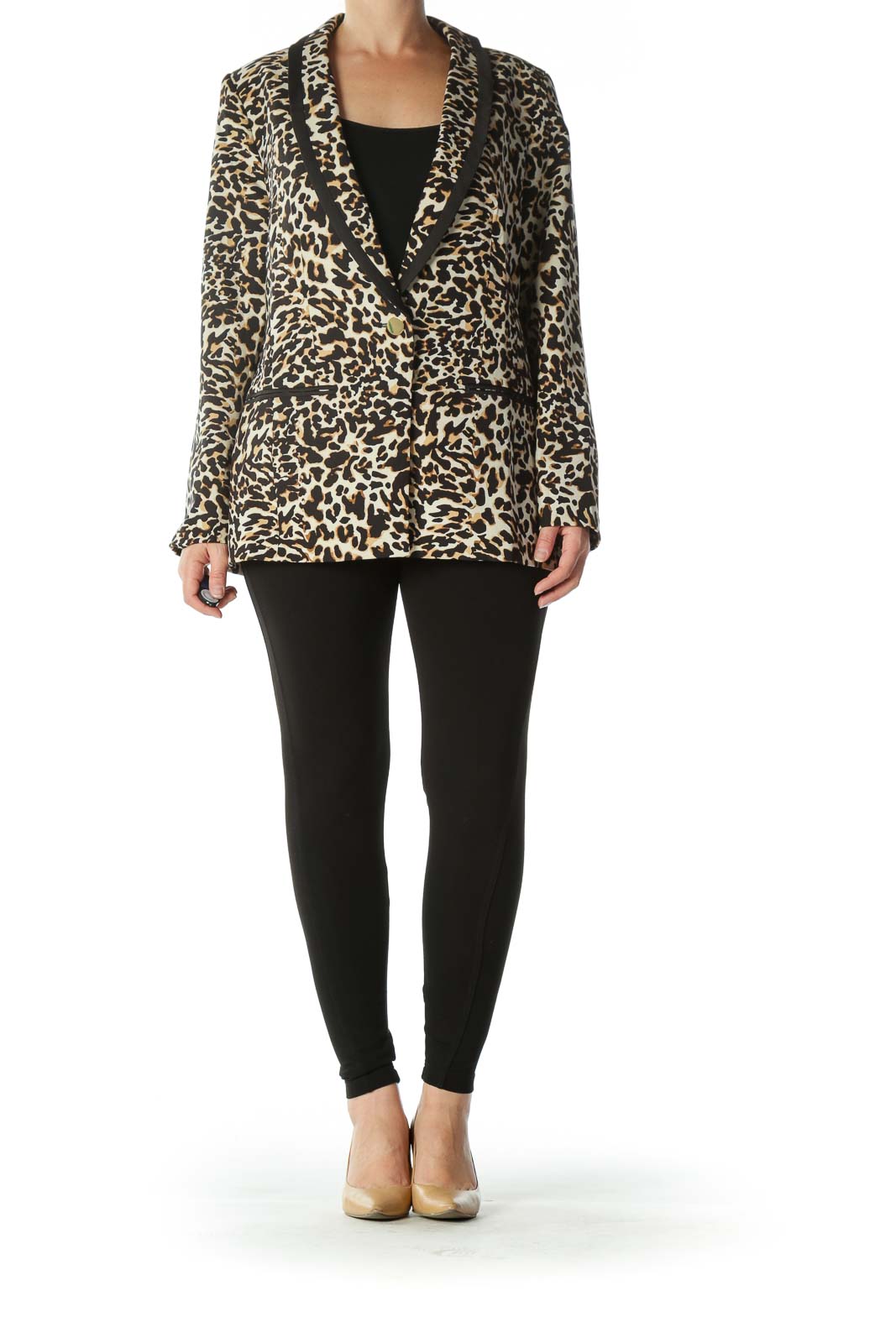 Black Brown Beige Leopard-Print Golden-Button Blazer