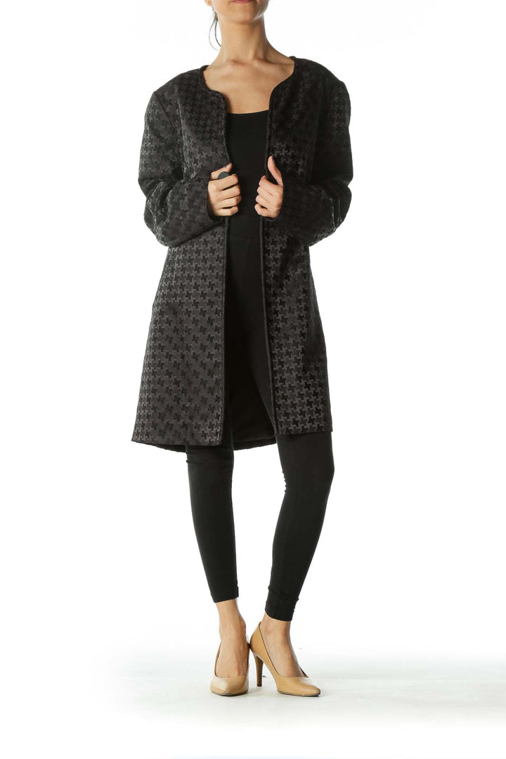 Black Embossed-Pattern Round-Neck Structured Coat