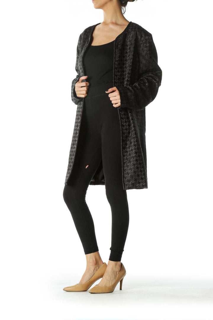 Black Embossed-Pattern Round-Neck Structured Coat