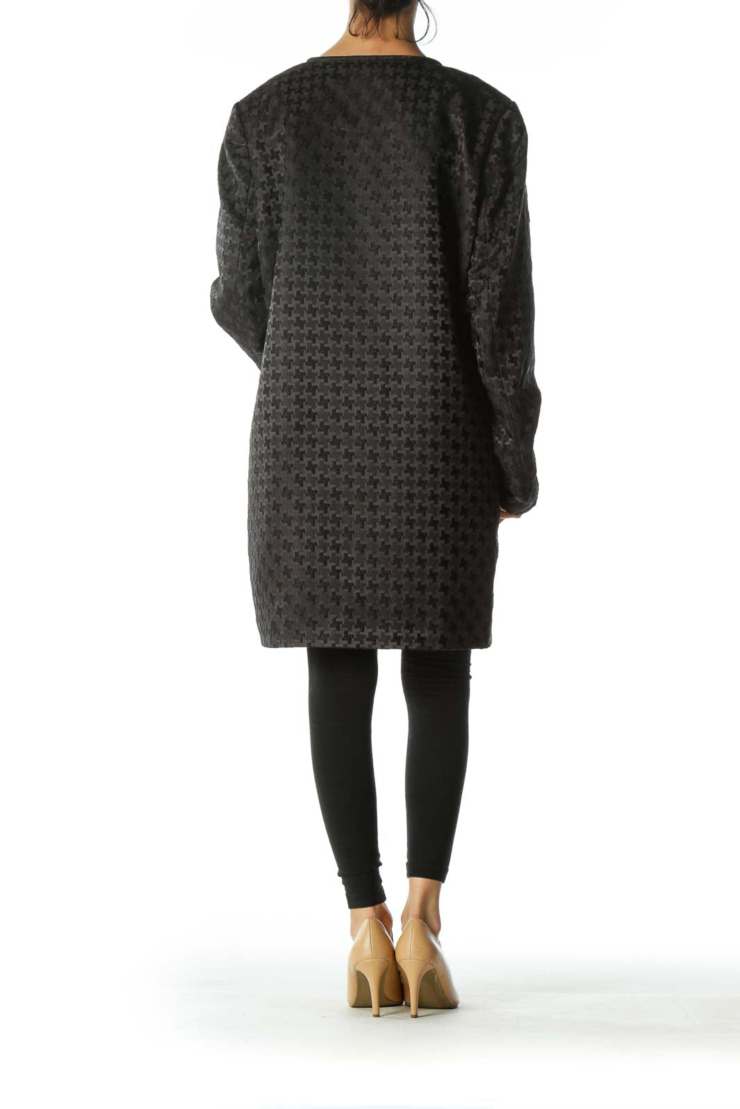 Black Embossed-Pattern Round-Neck Structured Coat