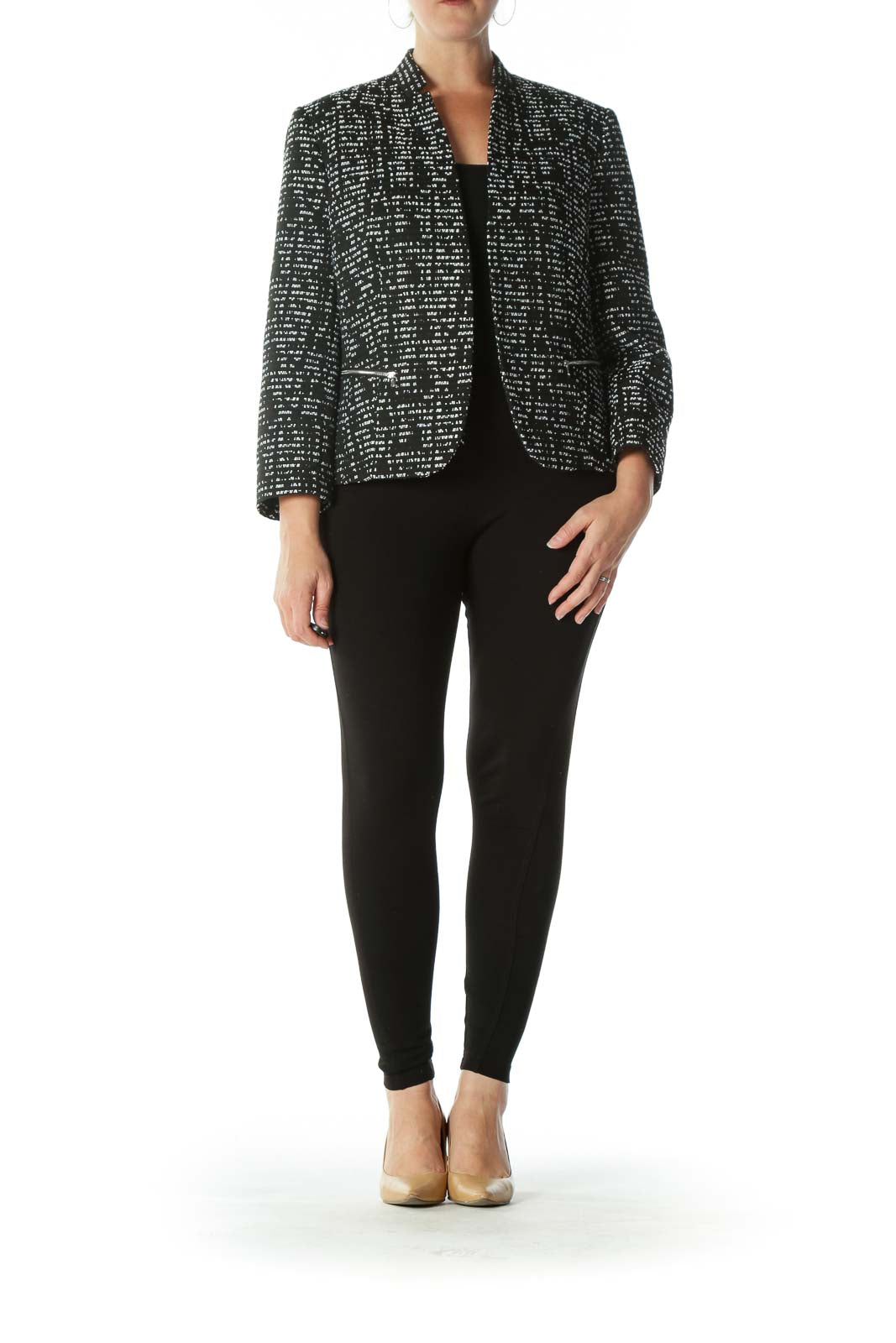 Black White Collared Zipper-Pockets Textured Blazer