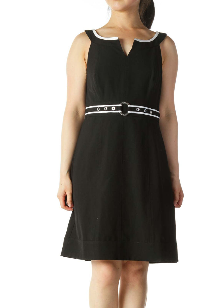 Black White Built-In Belt Work Dress