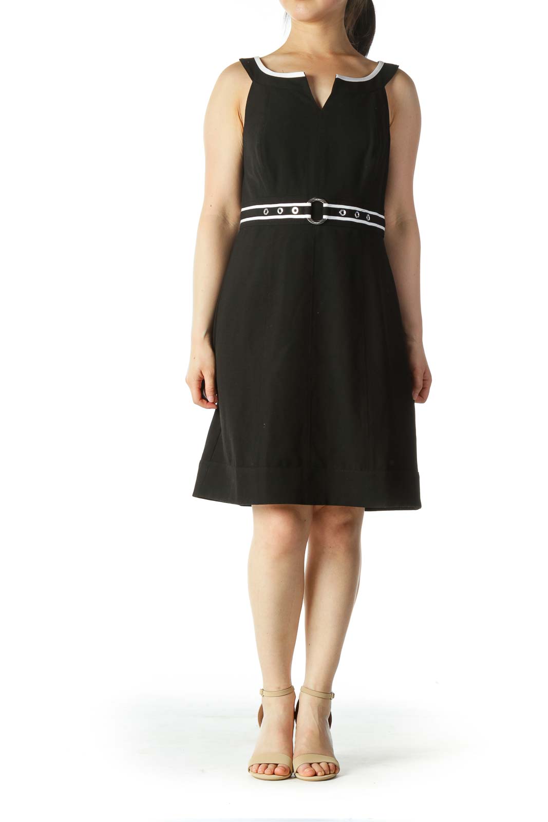 Black White Built-In Belt Work Dress