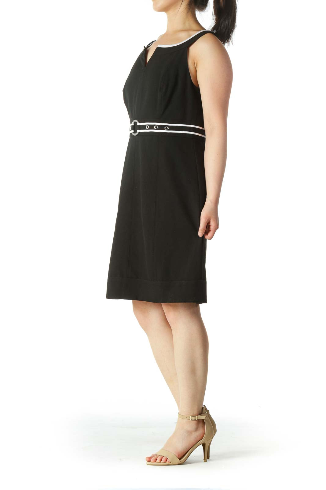 Black White Built-In Belt Work Dress